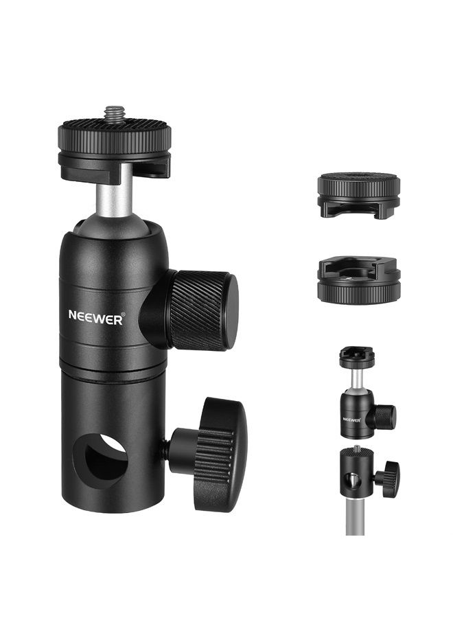 Neewer NEEWER Light Stand Mount Adapter with Cold Shoe and 1/4” Screw Mini Ball Head, Reversible Mounting Plate for Camera Monitor Ring Light, Fits Flat Head Light Stand/Boom arm/C Stand, Max. Load 22lb/10kg  - Image 1