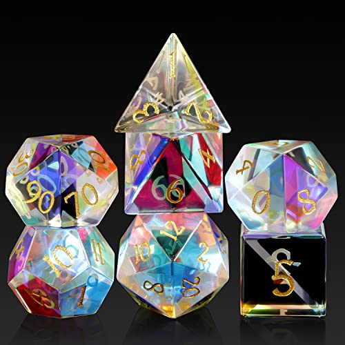 DNDND Rainbow Glass Dice Set 7 Piece Glass Polyhedral DND Dice with Great Gift Box for Dungeons and Dragon DD Tabletop Game Rainbow and Clear - Image 1