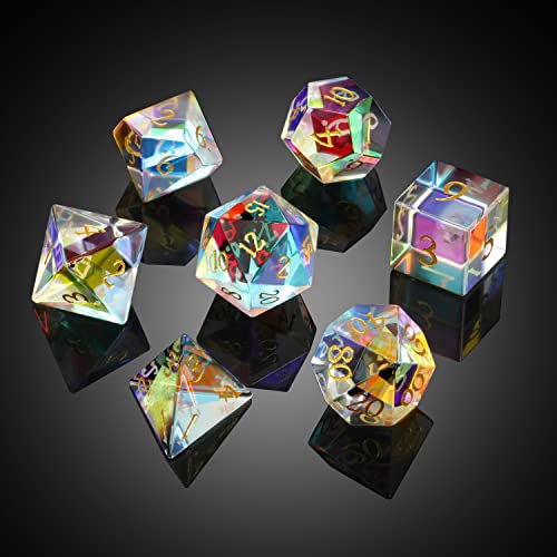 DNDND Rainbow Glass Dice Set 7 Piece Glass Polyhedral DND Dice with Great Gift Box for Dungeons and Dragon DD Tabletop Game Rainbow and Clear - Image 5
