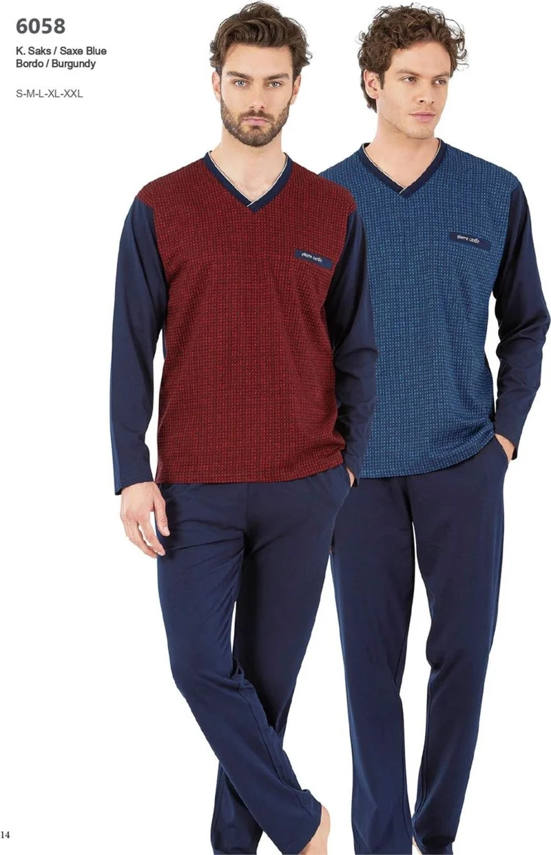 pierre cardin 6058 Men's Long Sleeve V-Neck Pajama Set-Burgundy
