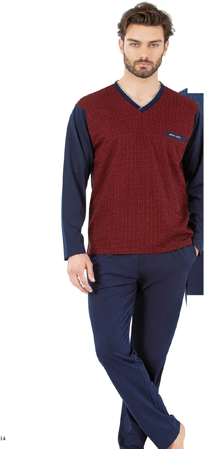 pierre cardin 6058 Men's Long Sleeve V-Neck Pajama Set-Burgundy