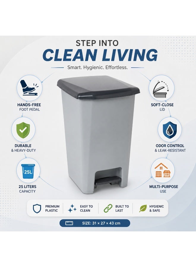 Planet Pedal Trash Bin Grey Heavy-Duty Plastic Soft-Close Lid Foot Pedal for Kitchen Bathroom Office 31 × 27 × 43 cm (25 Liters) - Image 4