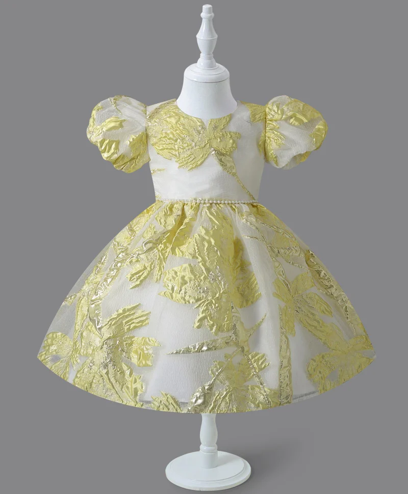 مارك وميا فستان مارك وميا بأكمام قصيرة منتفخة مزين باللؤلؤ - أصفر ذهبي