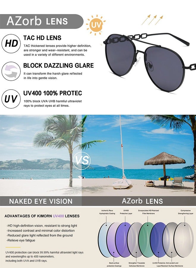 آأزورب نظارات شمسية أفياتور للرجال نسائية بإطار نظارة معدني وتصميم أنيق للمعابد النظارات - الشمسية نظارات شمسية نسائية ورجالية عصرية للسيدات رجال نضرات تحميهم من نضارات الأشعة فوق البنفسجية أسود - Image 2