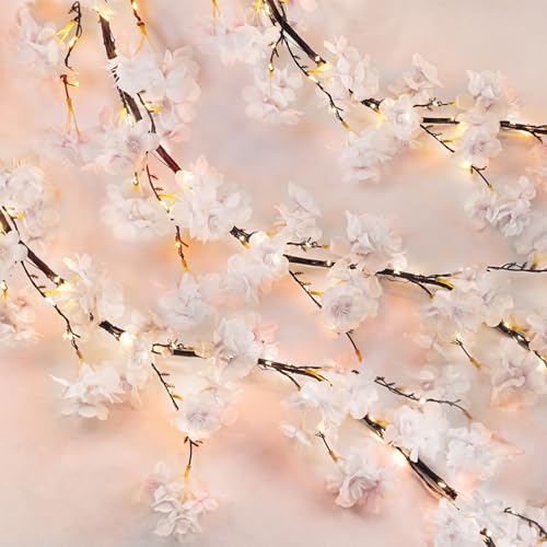 obbsie 6FT Lighted Cherry Blossom Garland with 100 Fairy Lights Timer Battery Operated Artificial Cherry Blossom Flower Vines with Lights for Mantle Home Fireplace Wedding Party Office Decor - Image 1