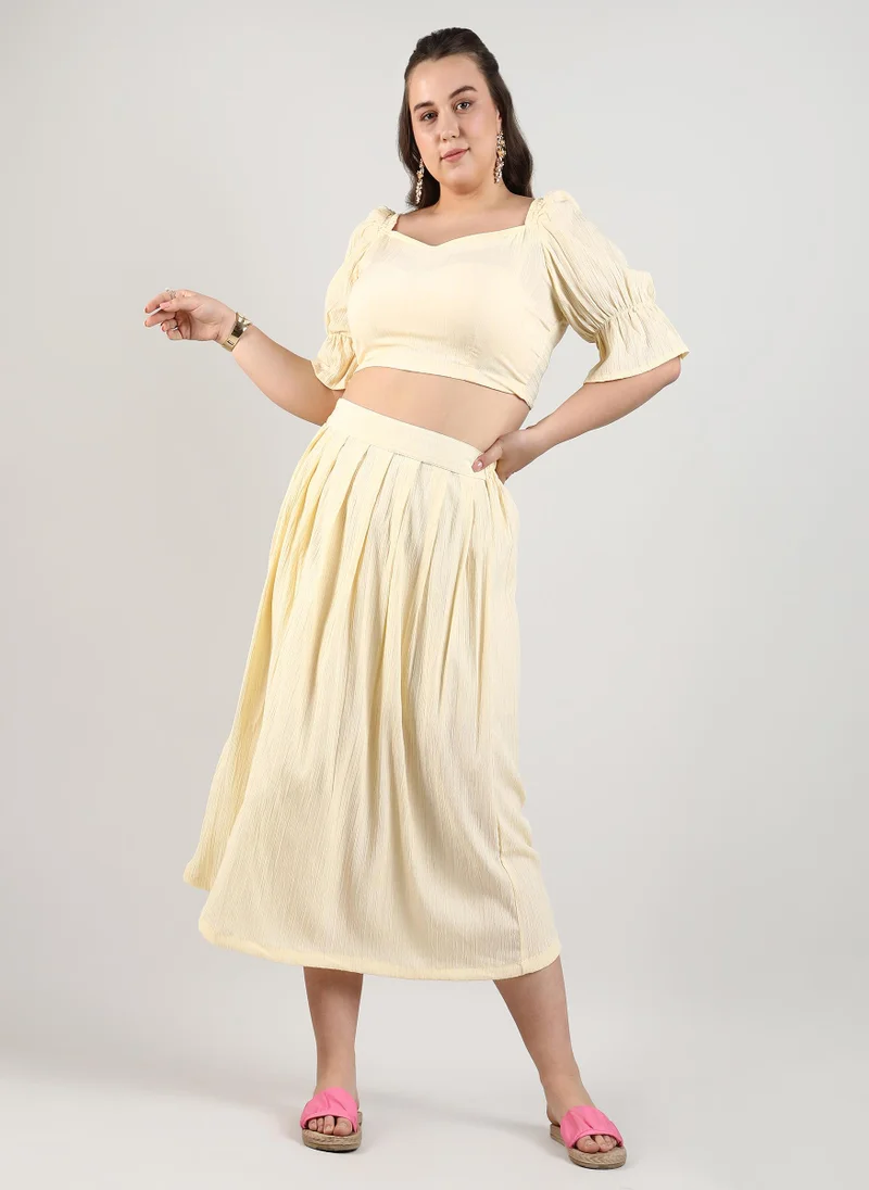 Instafab Plus Instafab Plus Women's Light Yellow Cropped Co-Ord Set For Casual Wear | Puff Sleeve | Polyester Blend Fabric | Sweetheart Neck Clothing Set Crafted With Comfort Fit For Everyday Wear