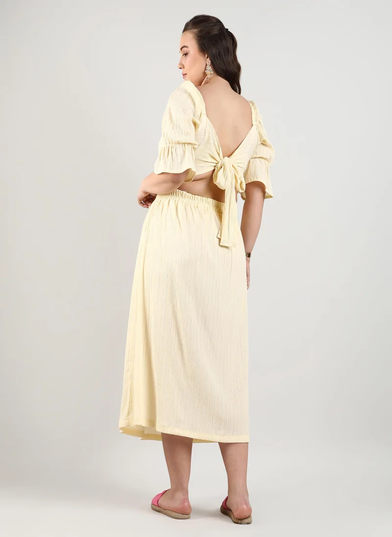 Instafab Plus Instafab Plus Women's Light Yellow Cropped Co-Ord Set For Casual Wear | Puff Sleeve | Polyester Blend Fabric | Sweetheart Neck Clothing Set Crafted With Comfort Fit For Everyday Wear