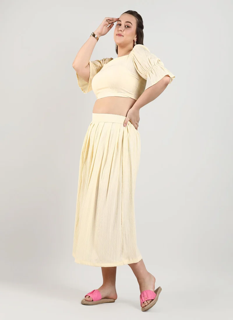 Instafab Plus Instafab Plus Women's Light Yellow Cropped Co-Ord Set For Casual Wear | Puff Sleeve | Polyester Blend Fabric | Sweetheart Neck Clothing Set Crafted With Comfort Fit For Everyday Wear