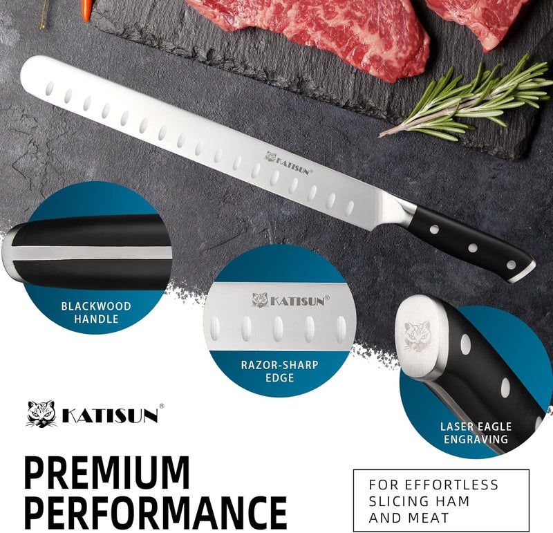 KATISUN Slicing Carving Knife, 13 Inch Ultra Sharp German Premium Stainless Steel Brisket Knife for Slicing Roasts, Meats, Fruits and Vegetables, Full Cut, Ergonomic Handle Design - Image 3
