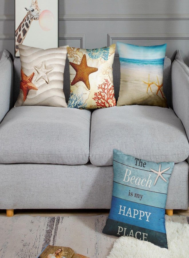 Emvency Set of 4 Throw Pillow Covers Beach Starfish and Summer is My Happy Place Rhinestone Decorative Pillow Cases Home Decor Square 18x18 Inches Pillowcases - Image 2