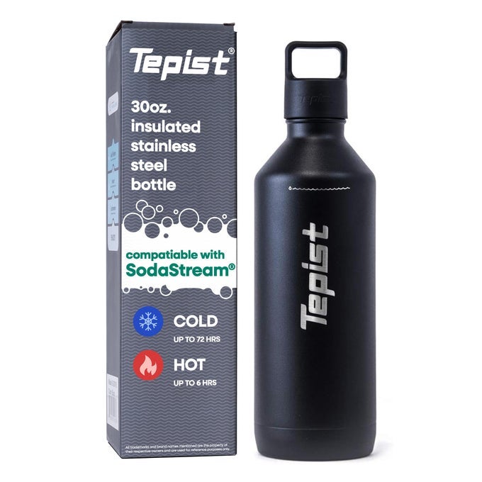 THIRTYO 30OZ STAINLESS STEEL BOTTLE COMPATIBLE WITH SODASTREAM MACHINES POWDER COATED BLACK VACUUM SEALED DOUBLE WALLED LEAKPROOF EASY TO CARRY REUSABLE BOTTLE