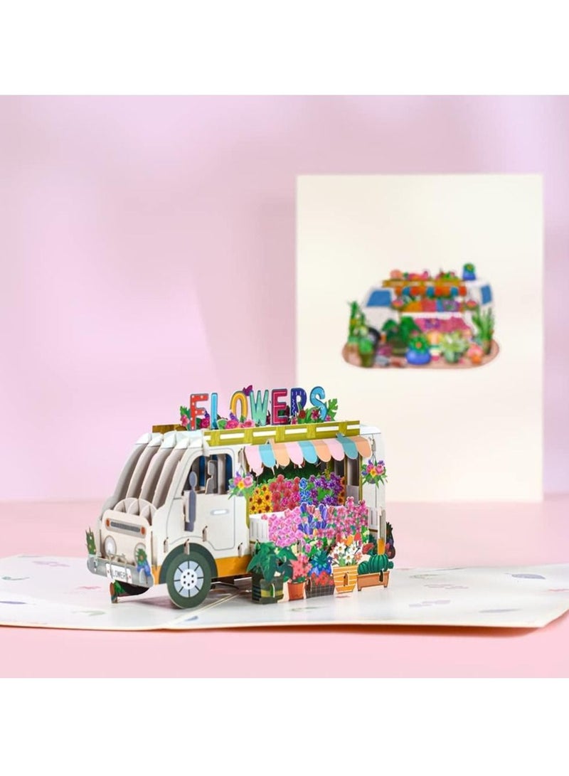 SYOSI Flower Truck Pop Up Card, Handmade 3D Greeting Cards for Mothers Day, Wedding, Anniversary, Thank You, Thinking of You, Sympathy, Get Well All Occasion  - Image 3