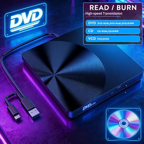 BRIGHTSHOW Portable External CD/DVD Drive, USB 3.0 & USB C CD Burner +/-RW RW Burner CD ROM Reader Writer Disk Duplicator Optical Drive for Laptop Desktop PC Windows 11/10/8/7 Apple Mac Pro MacBook Mac Linux - Image 3