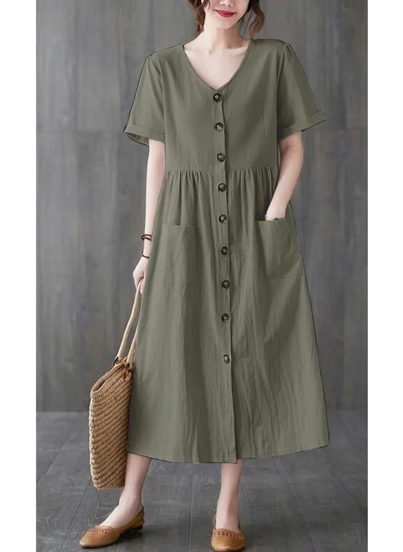 Barbora Linen Casual V Neck Waist Gather Detail Buttoned Dress LN04HAKI5