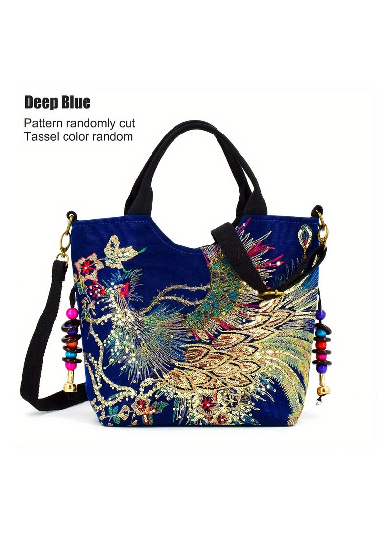 Women's Embroidered Satchel Bag – Fashionable Double Handle Handbag with Phoenix Embroidery, Retro Style Shoulder & Crossbody Bag with Removable Strap, Perfect for Parties & Special Occasions, Deep Blue - Image 1