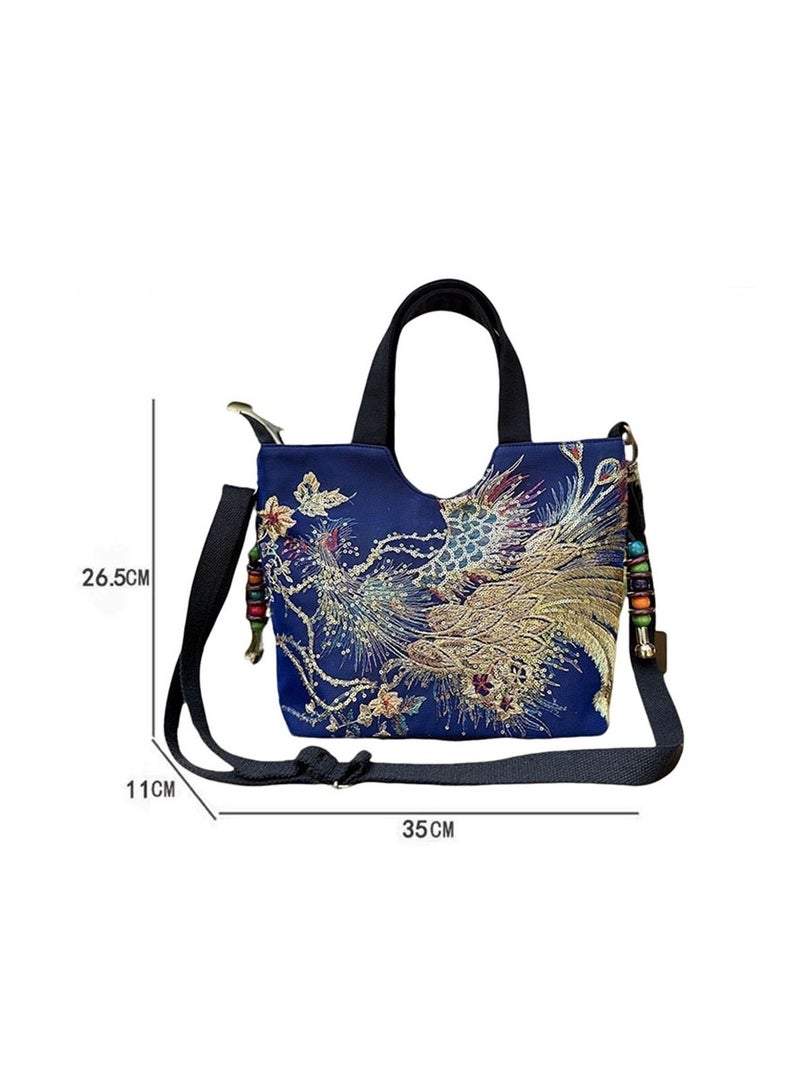 Women's Embroidered Satchel Bag – Fashionable Double Handle Handbag with Phoenix Embroidery, Retro Style Shoulder & Crossbody Bag with Removable Strap, Perfect for Parties & Special Occasions, Deep Blue - Image 3