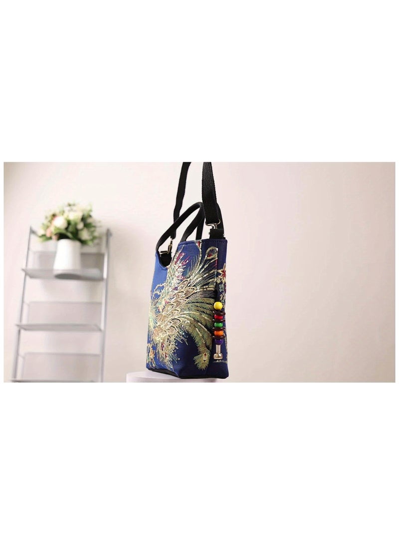 Women's Embroidered Satchel Bag – Fashionable Double Handle Handbag with Phoenix Embroidery, Retro Style Shoulder & Crossbody Bag with Removable Strap, Perfect for Parties & Special Occasions, Deep Blue - Image 4