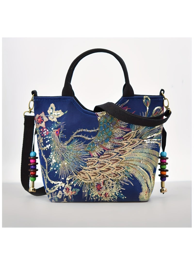 Women's Embroidered Satchel Bag – Fashionable Double Handle Handbag with Phoenix Embroidery, Retro Style Shoulder & Crossbody Bag with Removable Strap, Perfect for Parties & Special Occasions, Deep Blue - Image 2