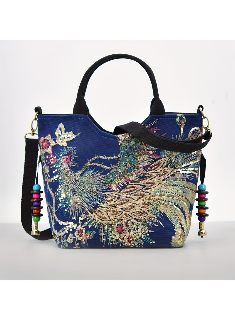 Women's Embroidered Satchel Bag – Fashionable Double Handle Handbag with Phoenix Embroidery, Retro Style Shoulder & Crossbody Bag with Removable Strap, Perfect for Parties & Special Occasions, Deep Blue - Image 5