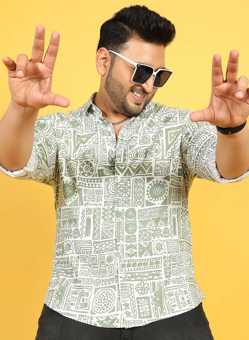 Instafab Plus Instafab Plus Men's Sage Green Contrast Aztec Shirt For Casual Wear | Spread Collar | Long Sleeve | Button Closure | Rayon Slub Lycra Shirts Crafted With Comfort Fit For Everyday Wear