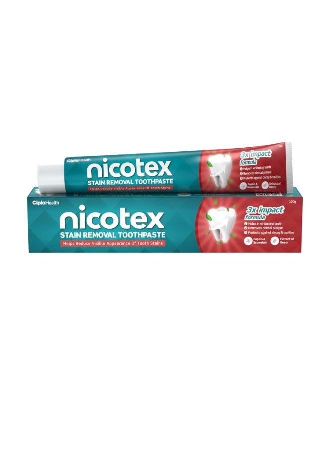 Cipla Nicotex Stain Removal Toothpaste | Teeth Whitening, Plaque Removal, Protection Against Decay And Cavities | Papain, Bromelain, Neem Extract, Meswak Extract | With Fluoride | Sls Free | 100G - Image 1
