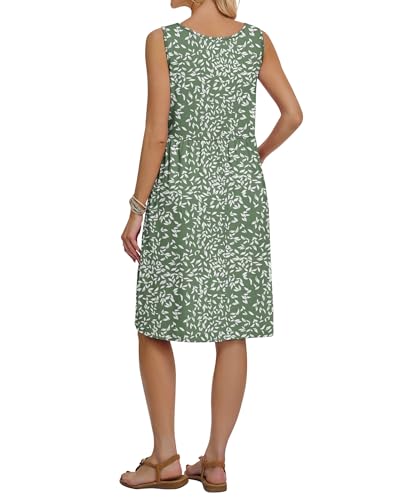 AUSELILY Summer Knee Length Dress Women A Line Sleeveless Loose Sundress Crew Neck Floral Vacation Beach Dress with Pockets 2026 New Olive Green Leaves L - Image 4