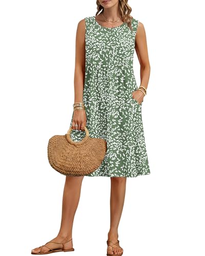 AUSELILY Summer Knee Length Dress Women A Line Sleeveless Loose Sundress Crew Neck Floral Vacation Beach Dress with Pockets 2026 New Olive Green Leaves L - Image 1