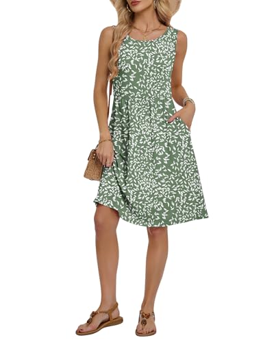AUSELILY Summer Knee Length Dress Women A Line Sleeveless Loose Sundress Crew Neck Floral Vacation Beach Dress with Pockets 2026 New Olive Green Leaves L - Image 2