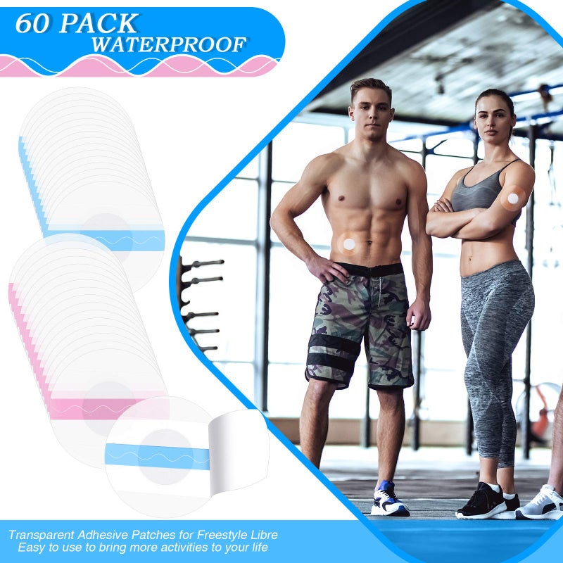 Nuanchu Shower Waterproof Patch Freestyle Transparent Adhesive Patches Waterproof Sensor Covers Precut Clear Protection Stickers Clear CGM Overpatch Tape Without Hole, Blue and Pink (60 Packs) - Image 4