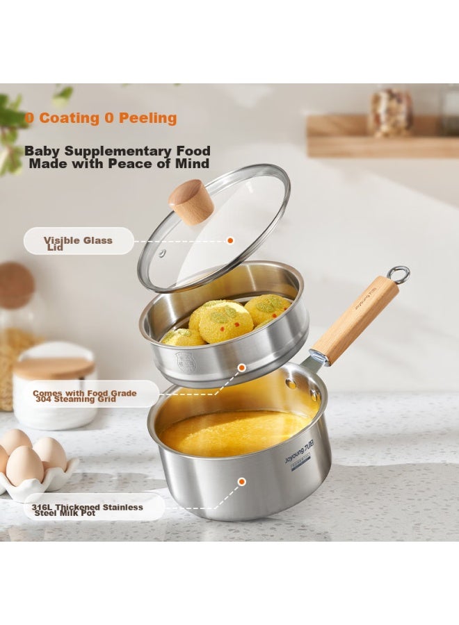 Joyoung Milk Pot, Baby Food Pot, 316l Stainless Steel, Noodle And Milk Pot, 18cm, Suitable For Gas And Induction Stoves, Small Soup Pot With Steamer Insert - Image 3