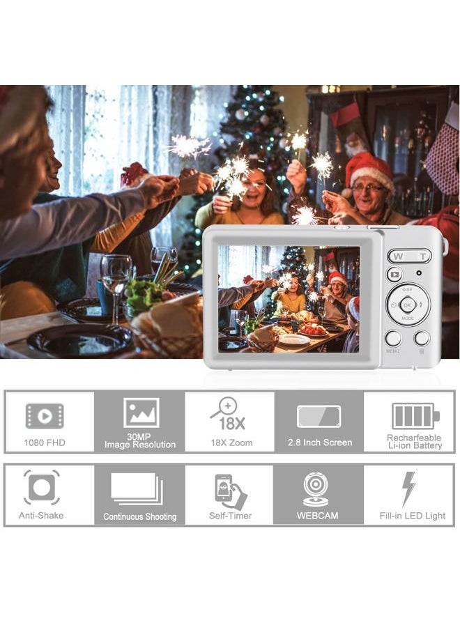 YEEIN Digital Camera, Rechargeable 30MP Point and Shoot Camera with 32GB Card 18X Digital Zoom, Compact Camera for Kids Teens Aldults Elders (Silver)  - Image 2