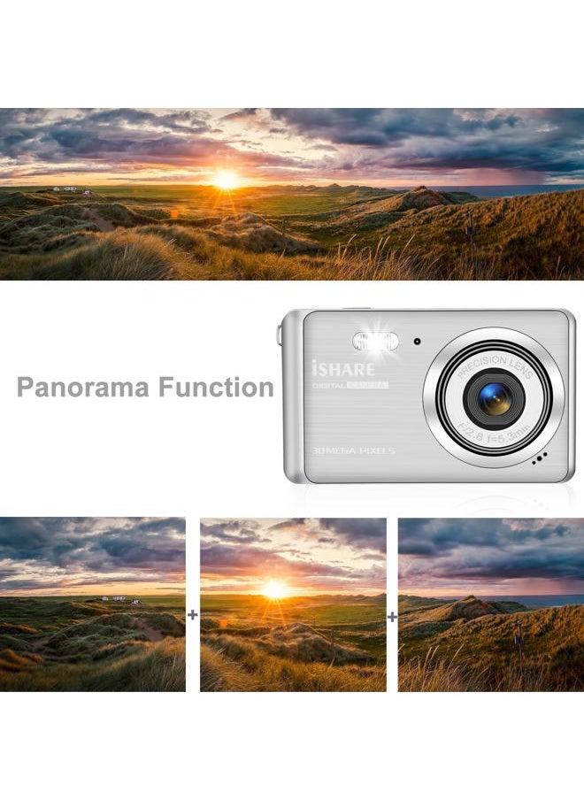 YEEIN Digital Camera, Rechargeable 30MP Point and Shoot Camera with 32GB Card 18X Digital Zoom, Compact Camera for Kids Teens Aldults Elders (Silver)  - Image 5