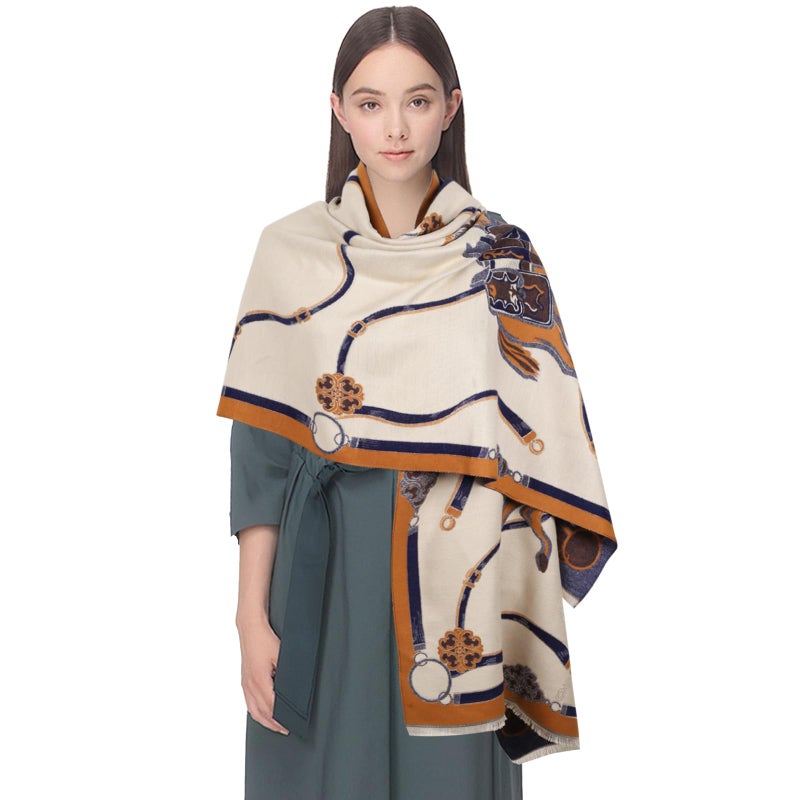 EXTREE Scarfs for Women Pashmina Silky Shawl Wrap for Evening Dressing Blanket Open Front Poncho Cape (AIS-beige-horse) - Image 2