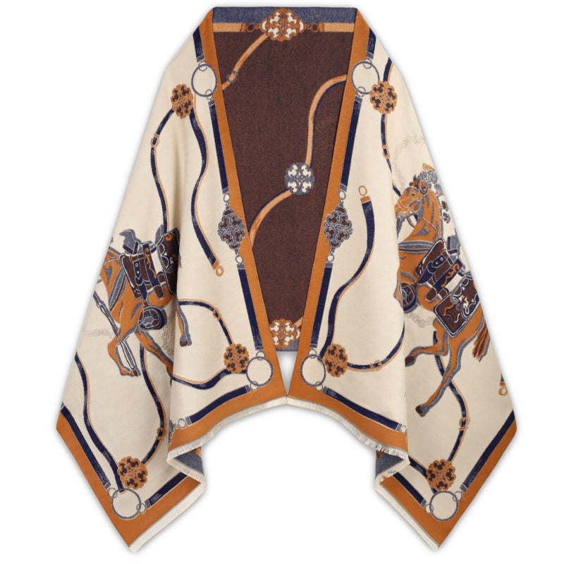 EXTREE Scarfs for Women Pashmina Silky Shawl Wrap for Evening Dressing Blanket Open Front Poncho Cape (AIS-beige-horse) - Image 1