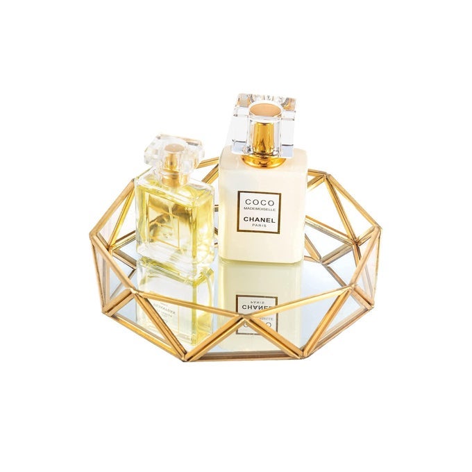 SMALL GOLD GLASS PERFUME TRAY JEWELRY TRINKET ORGANIZER TRAY ORNATE VANITY COSMETIC MAKEUP DISPLAY DECORATIVE TRAY FOR HOME DECOR DRESSER TABLETOP COUNTERTOP 7INCH