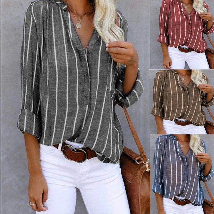 Women's Striped Slim Fit Long Sleeve Blouse - Image 1