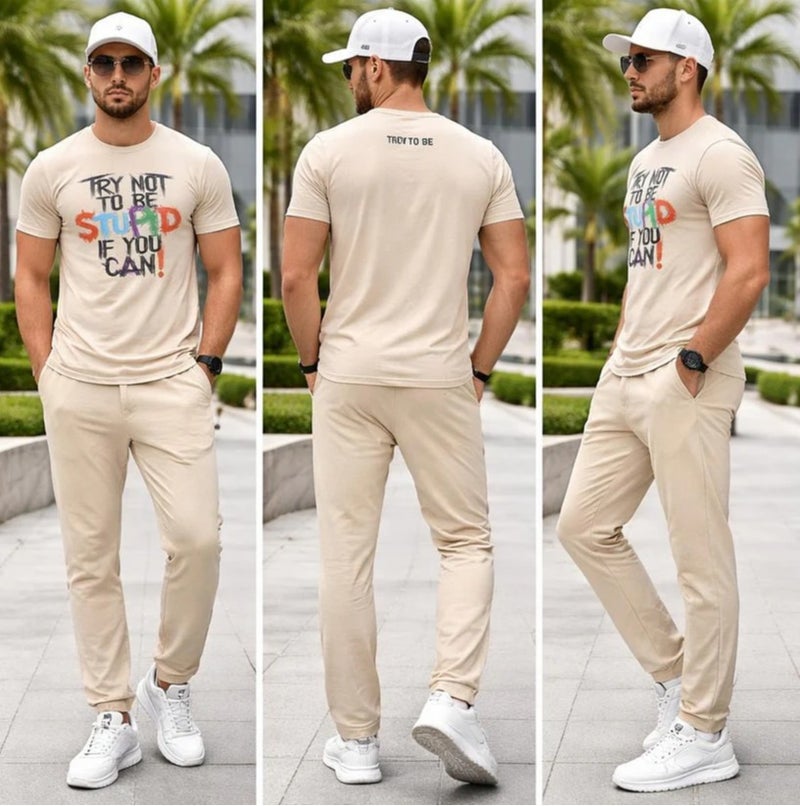 Aroma Aura Beige Printed T-Shirt and Trouser Set - Image 1