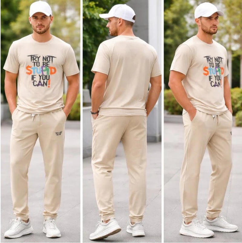 Aroma Aura Beige Printed T-Shirt and Trouser Set - Image 2
