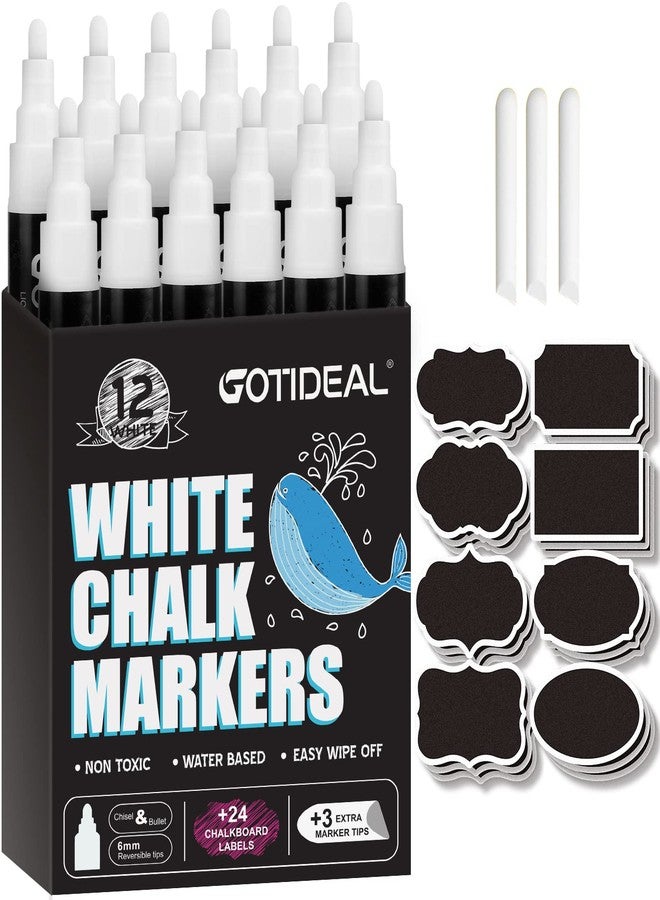 GOTIDEAL White Liquid Chalk Markers, 12 Pack Chalkboard Markers, Chalk Pens for Car Windows, Signs, Blackboard, Glass Painting, Erasable 6mm Reversible Chisel & Bullet Tip-… - Image 1