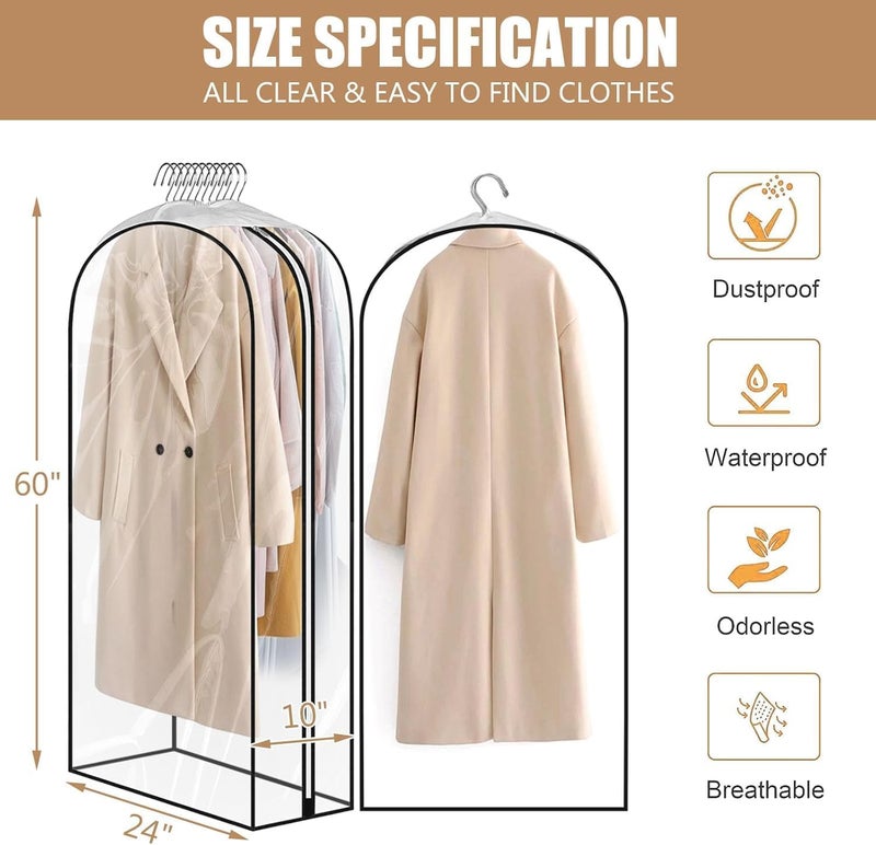 JUMBO FILTER 3 Pack 60" All Clear Garment Bags for Hanging Clothes Storage, 10" Gusseted Large Capacity Garment Rack Cover, Large Hanging Clothing Bag for Dress Gowns, Coats, Suit, Down Jacket - Image 3