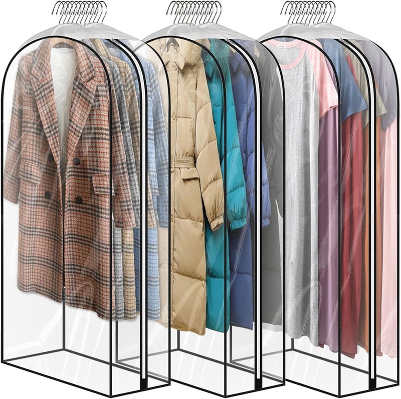 JUMBO FILTER 3 Pack 60" All Clear Garment Bags for Hanging Clothes Storage, 10" Gusseted Large Capacity Garment Rack Cover, Large Hanging Clothing Bag for Dress Gowns, Coats, Suit, Down Jacket - Image 1