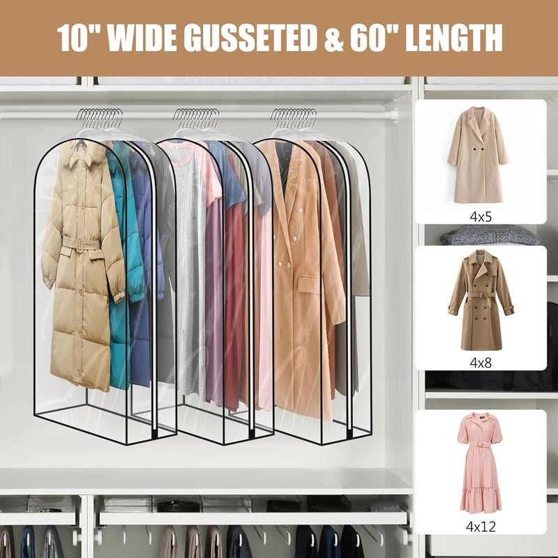 JUMBO FILTER 3 Pack 60" All Clear Garment Bags for Hanging Clothes Storage, 10" Gusseted Large Capacity Garment Rack Cover, Large Hanging Clothing Bag for Dress Gowns, Coats, Suit, Down Jacket - Image 2