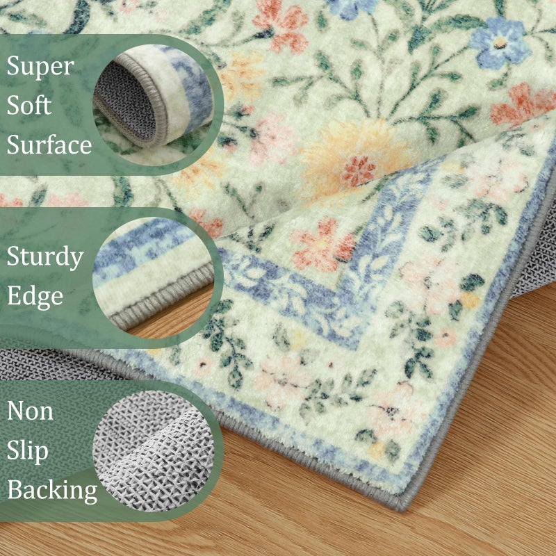 Morebes Washable Kitchen Runner Rug 2x6, Green Boho Floral Runners for Hallways, Soft Thin Indoor Throw Carpet Cottage Core Rug for Entryway Bathroom Laundry Room - Image 4