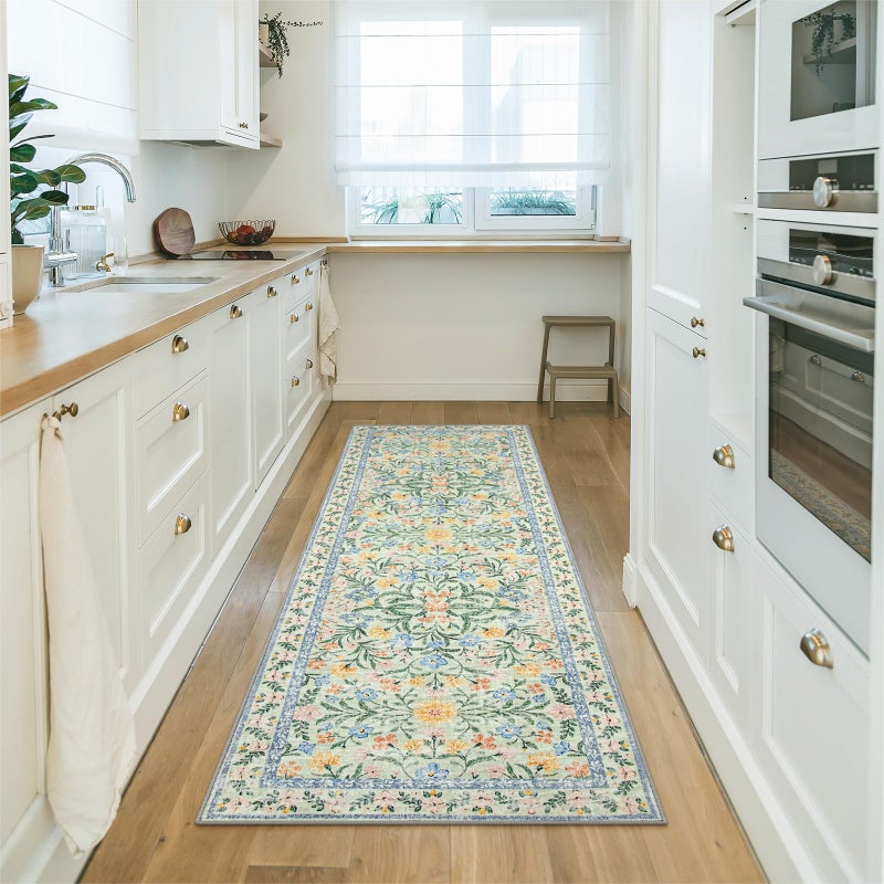 Morebes Washable Kitchen Runner Rug 2x6, Green Boho Floral Runners for Hallways, Soft Thin Indoor Throw Carpet Cottage Core Rug for Entryway Bathroom Laundry Room - Image 2