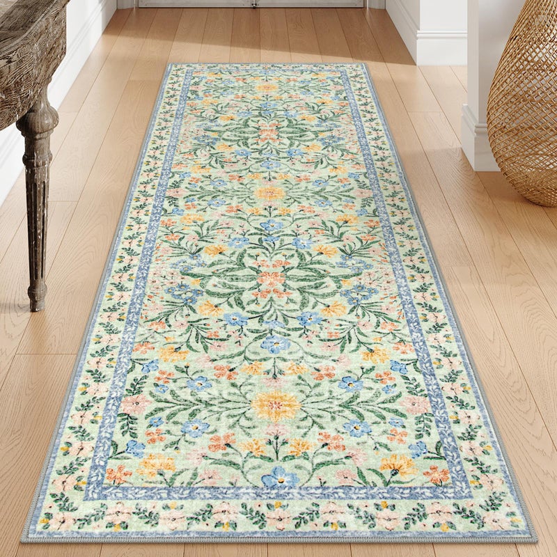 Morebes Washable Kitchen Runner Rug 2x6, Green Boho Floral Runners for Hallways, Soft Thin Indoor Throw Carpet Cottage Core Rug for Entryway Bathroom Laundry Room - Image 1