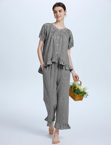 Flygo Womens Plaid 2 Piece Pajamas Sets Gingham Button Down Puff Sleeve Babydoll Shirt Ruffle Pants Y2K Pjs Lounge SetBlackXS - Image 3
