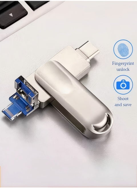 Flash drive, USB 3.0 pen drive, Type C multifunctional metal memory stick, four in one full interface, 360 ° rotatable, 64GB, suitable for Apple phones, tablets, TypeC interface, Android phones with OTG function (silver)