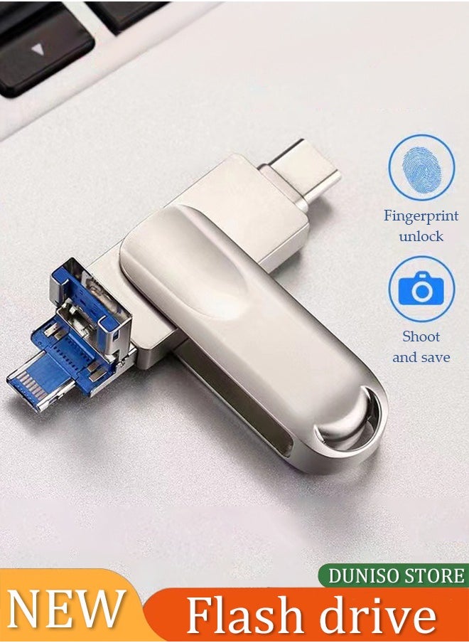 DUNISO Flash drive, USB 3.0 pen drive, Type C multifunctional metal memory stick, four in one full interface, 360 ° rotatable, 64GB, suitable for Apple phones, tablets, TypeC interface, Android phones with OTG function (silver)  - Image 1