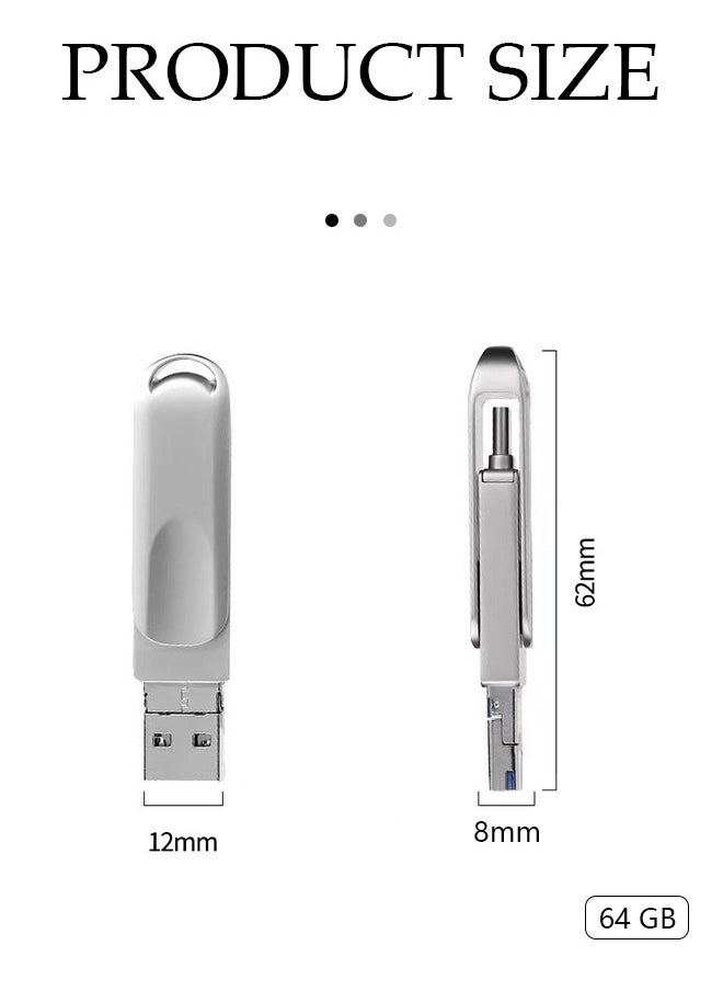 DUNISO - Flash drive, USB 3.0 pen drive, Type C multifunctional metal memory stick, four in one full interface, 360 ° rotatable, 64GB, suitable for Apple phones, tablets, TypeC interface, Android phones with OTG function (silver) - Image 1