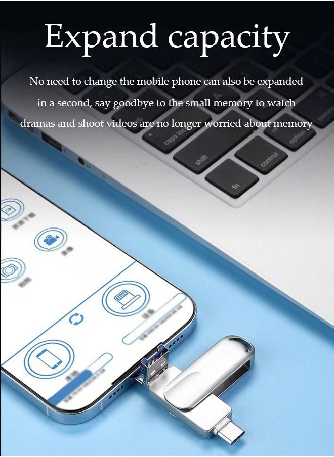 DUNISO Flash drive, USB 3.0 pen drive, Type C multifunctional metal memory stick, four in one full interface, 360 ° rotatable, 64GB, suitable for Apple phones, tablets, TypeC interface, Android phones with OTG function (silver)  - Image 5